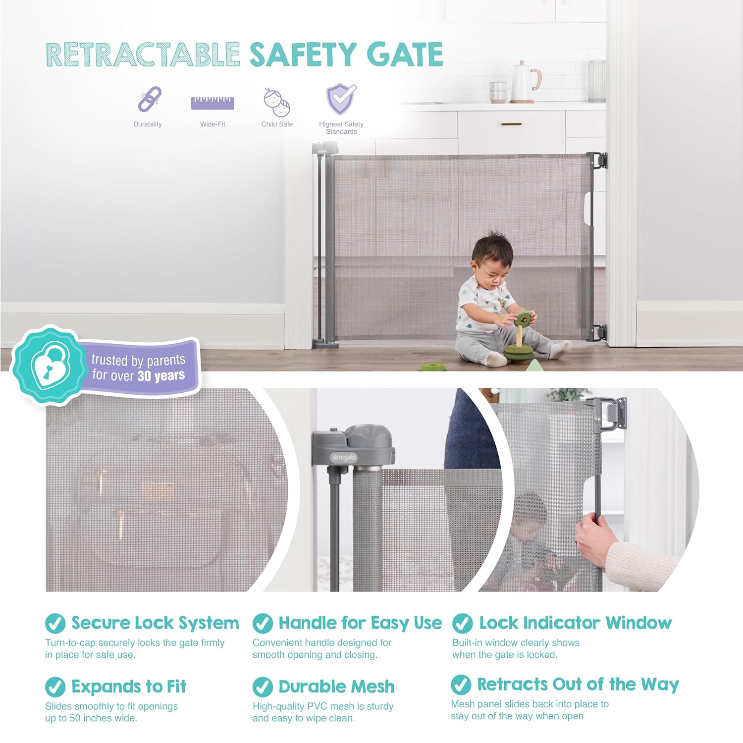 Regalo 30 In Tall Gray Retractable Mesh Safety Gate