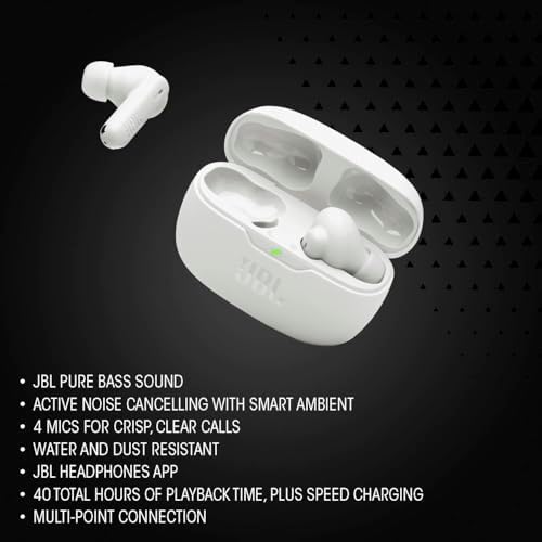 JBL Vibe Beam 2 - True Wireless Noise Cancelling Earbuds with JBL Pure Bass Sound & Smart Ambient technology, 4mics for crisp, clear calls, up to 40Hrs of Playback, IP54 Dust & Water resistant (Black)