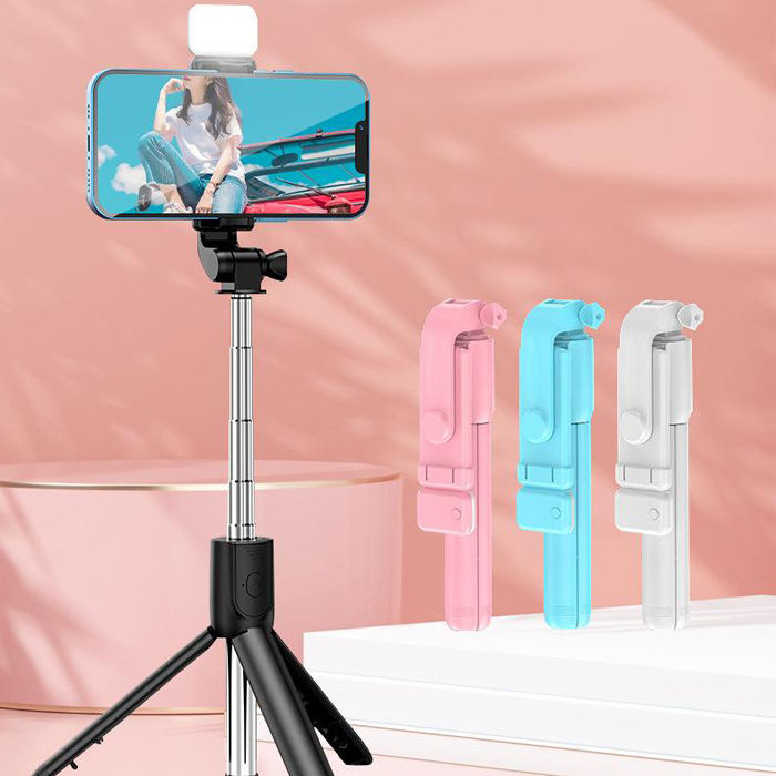 New Tripod Selfie Stick 2024 Trending Sale 360 Rotation Flexible Scalable Phone Pink Tripod Selfie Stick With Light
