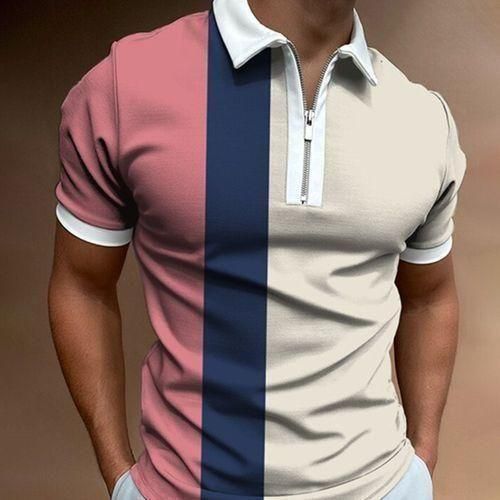 Men Color Block Short Sleeve Polo Shirt Zipper Collar Casual Slim Fit Top
