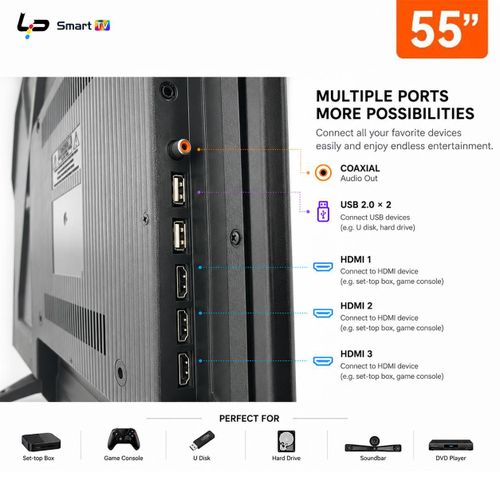 Smart TV 55-Voice Bluetooth Remote-4K UHD-Android 14.0-1.5+8G-Frameless-WiFi+Bluetooth-3 HDMI + 2 USB+ 1 year warranty - Black