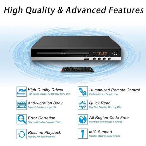 DVD Player Compact HDMI AV Cable USB Input UHD 1080P 5.1 Stereo Surround Region-Free CD Player for Karaoke Study at