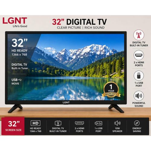 32 Inch Digital TV with Free Channels (T2/S2) – HDR, USB, HDMI