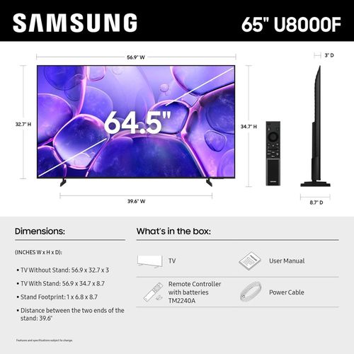 65-Inch Class Crystal UHD U8000F 4K Smart TV (2025 Model) Endless Free Content, Crystal Processor 4K, MetalStream Design, Knox Security, Alexa Built-in -  Black