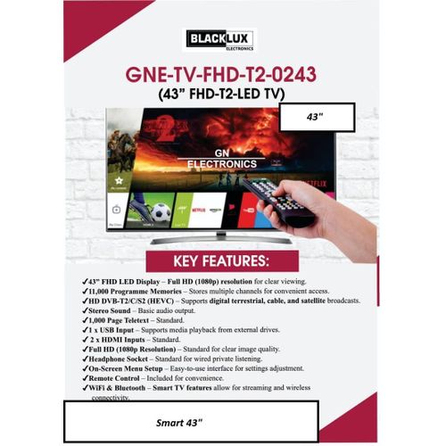 43" TV " FHD LED Display – Full HD (1080p).   WiFi & Bluetooth – Smart TV features allow for streaming and wireless connectivity. - Black