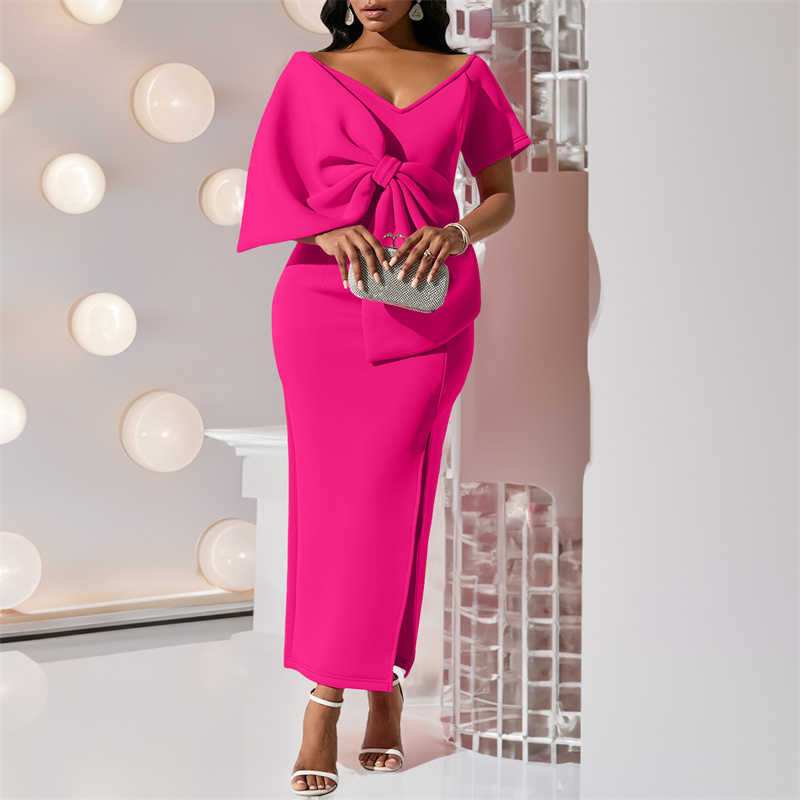 Women V Neck Short Sleeve Big Bow Decorate SheathBirthday Night Dress