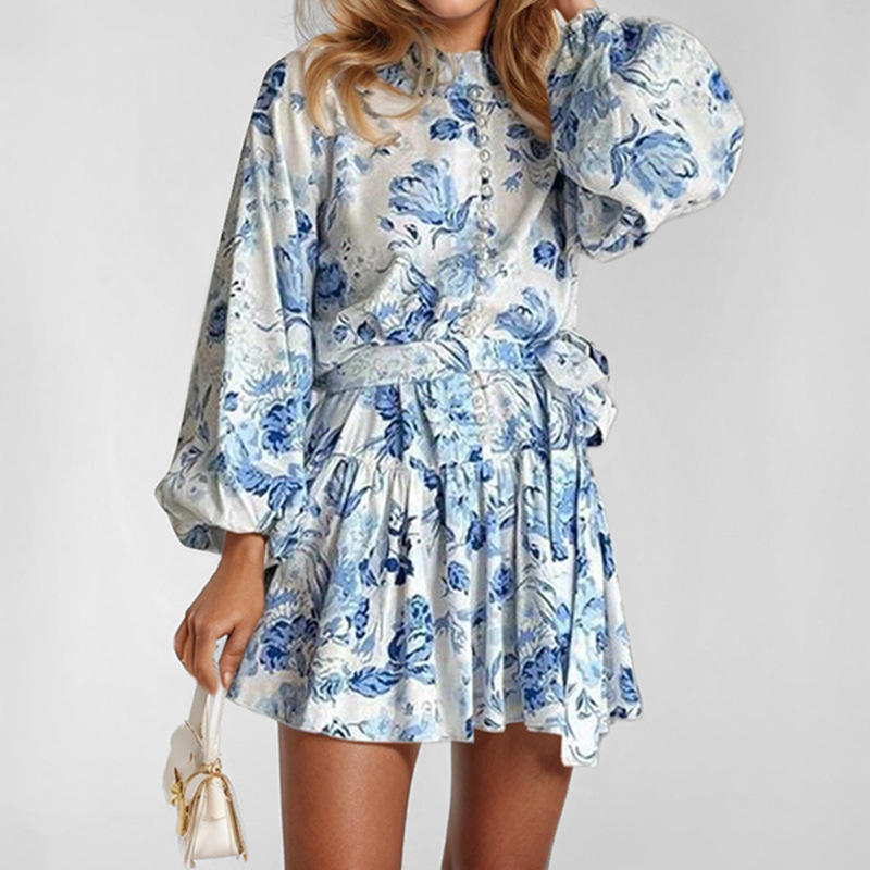 Women's Retro Printed Lace Up Long Sleeved Shirt Dress