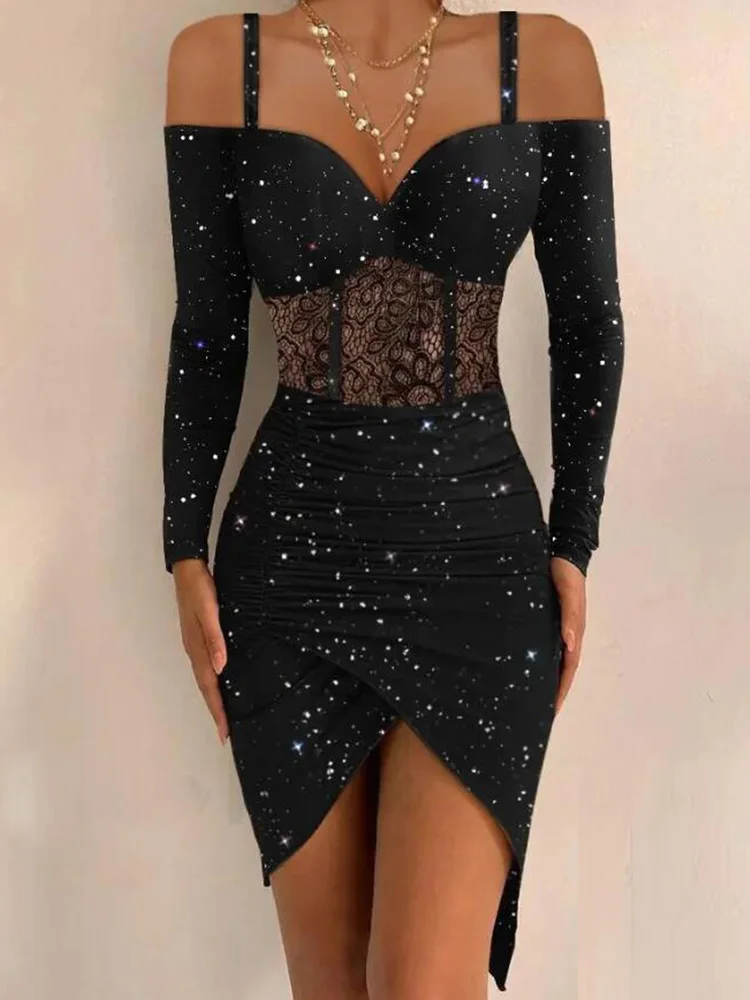 Dress Tight Sexy Hip One Shoulder Suspenders Irregular Shiny Dress Female