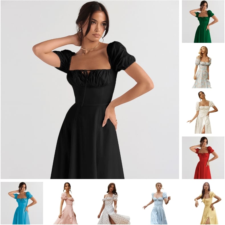 2024 New Summer Fashion Bubble Sleeve Floral Lace Open Skirt Dress for Women