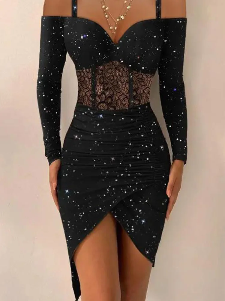 Dress Tight Sexy Hip One Shoulder Suspenders Irregular Shiny Dress Female