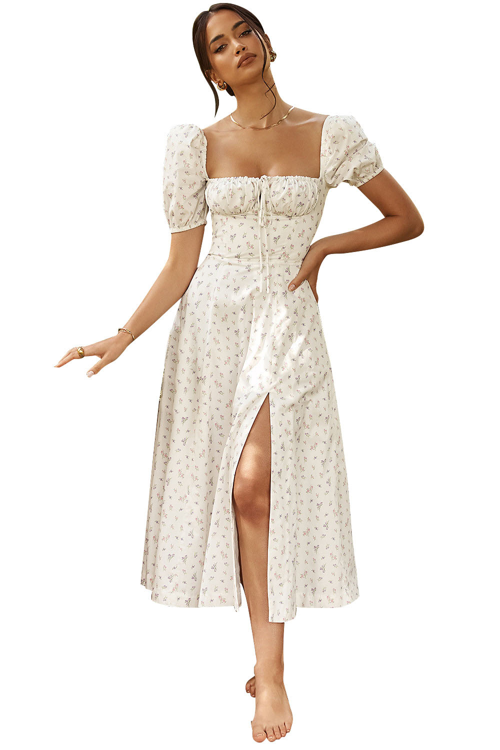 2024 New Summer Fashion Bubble Sleeve Floral Lace Open Skirt Dress for Women