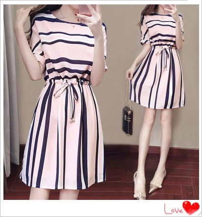 Fashion casual dress short sleeve women striped skirt