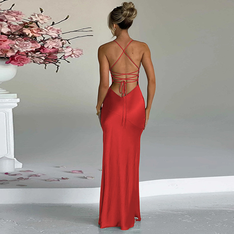 Women's 2024 Spring New Fashion and Sexy V-neck Open Back Lace up Split Dress
