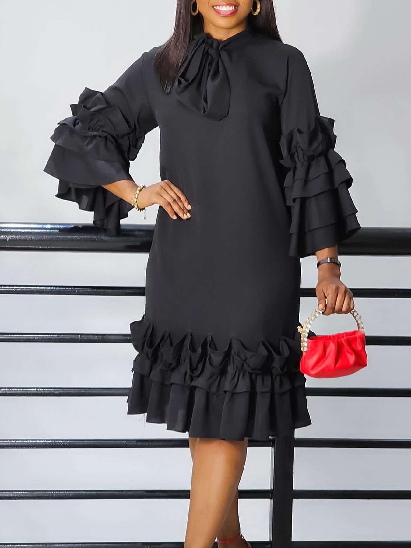 New Fashion and Casual Style Ruffle Edge Women's Dress Flare Sleeves Dress
