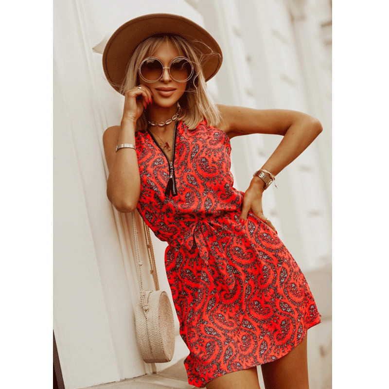 2024 Summer New Zipper Short Skirt Waistband Printed Sleeveless Dress
