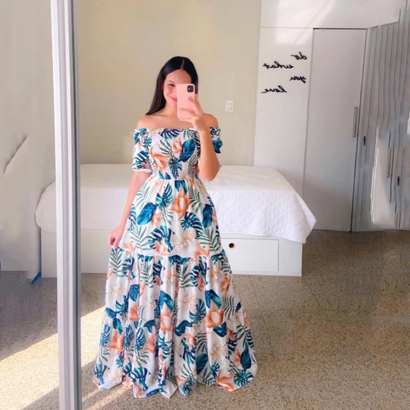 2023 nouvelle robe de belle fille hors de l'épaule déchiquetée mode hors de l'épaule longue robe imprimée