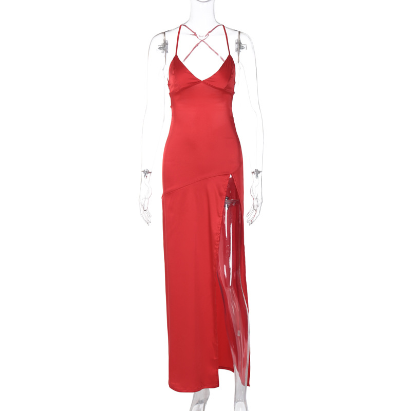 Women's 2024 Spring New Fashion and Sexy V-neck Open Back Lace up Split Dress