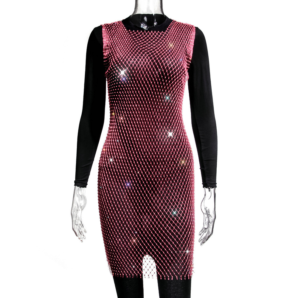 Water Diamond Fishing Net Top 2023 Mesh Flash Diamond Women's Short Sleeve Dress