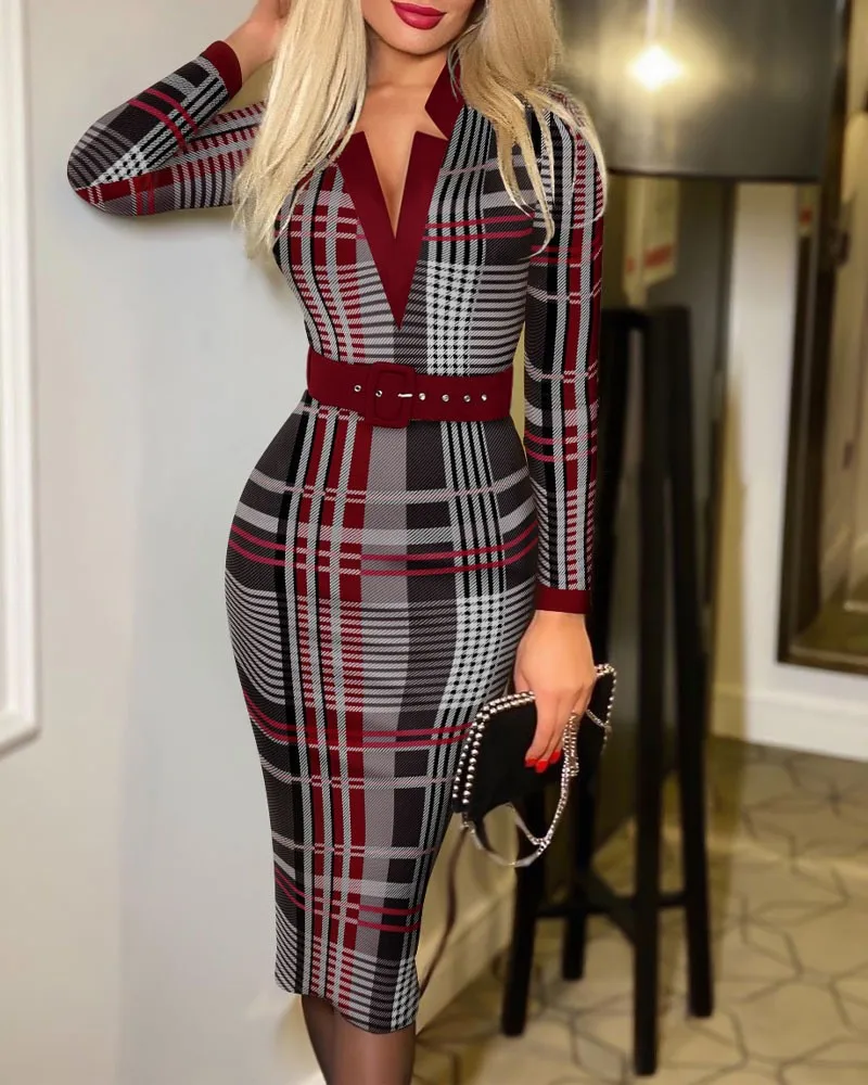 New Fashion Check Print V-Neck Hip Long Sleeve Sexy Dress