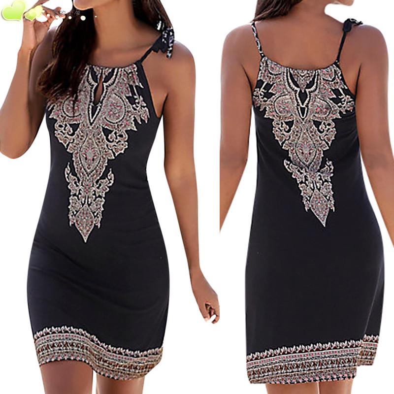 Women Halter Neck Boho Print Sleeveless Casual Mini Beachwear Dress Sundress