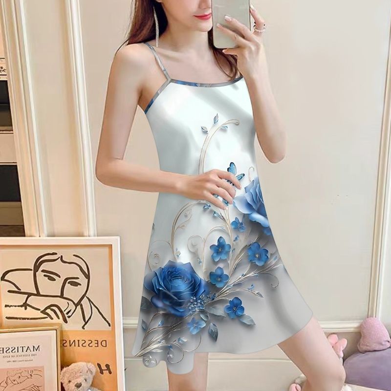 Summer of the New Lady's white Flowers Printed Long Milk Silk Sling Nightdress