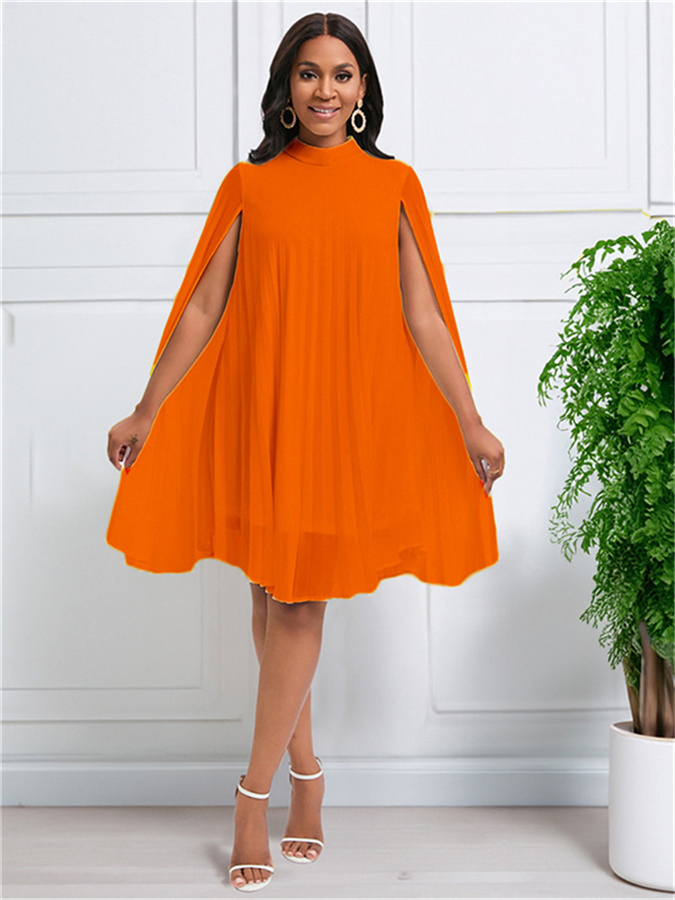Pleated Dresses for Woman Round Neck Batwing Sleeve Dress