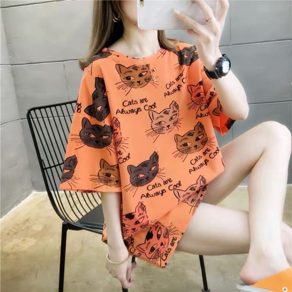 New Summer Women's T-shirt Short sleeve Medium length top Loose plus size