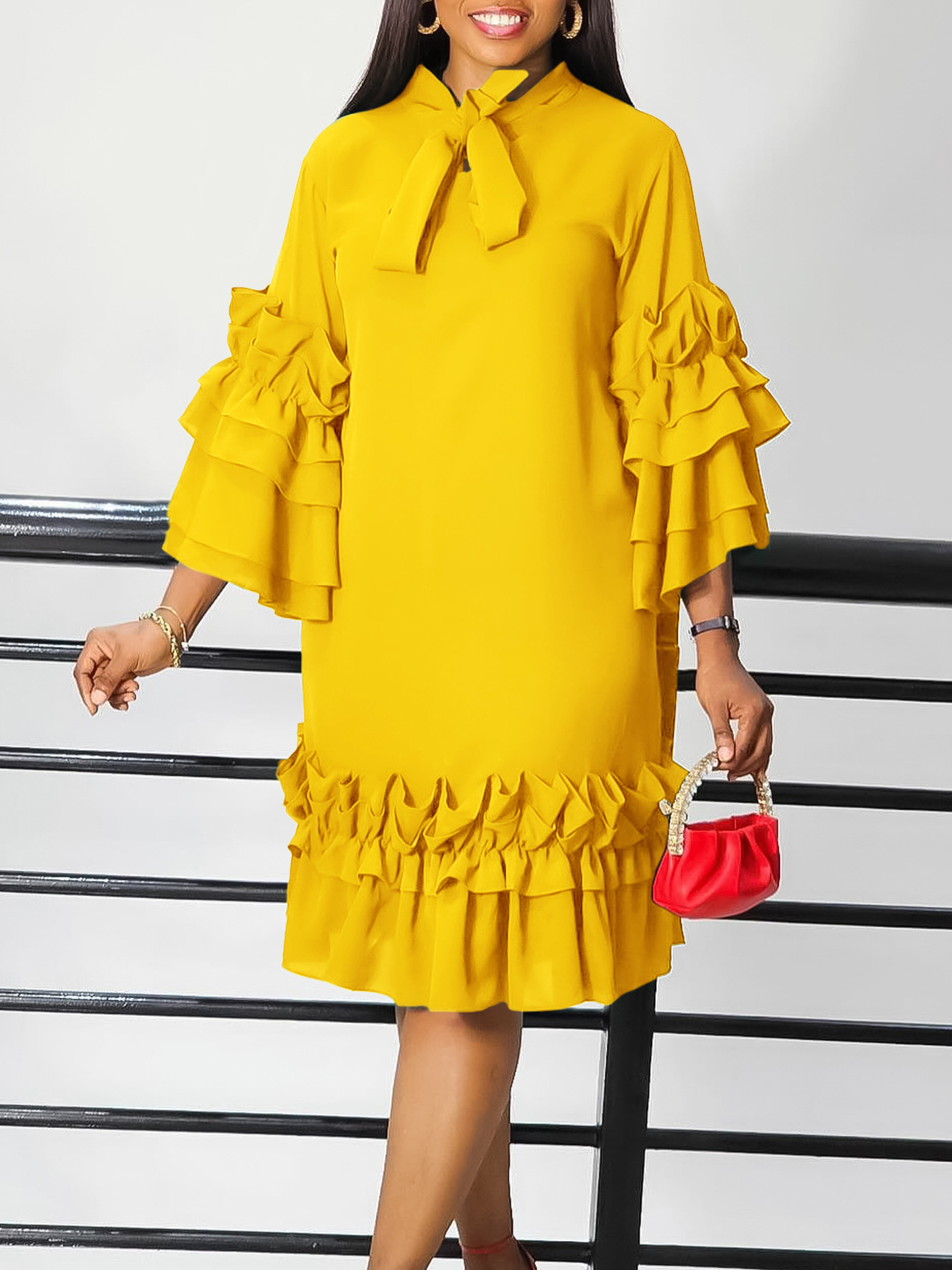 New Fashion and Casual Style Ruffle Edge Women's Dress Flare Sleeves Dress