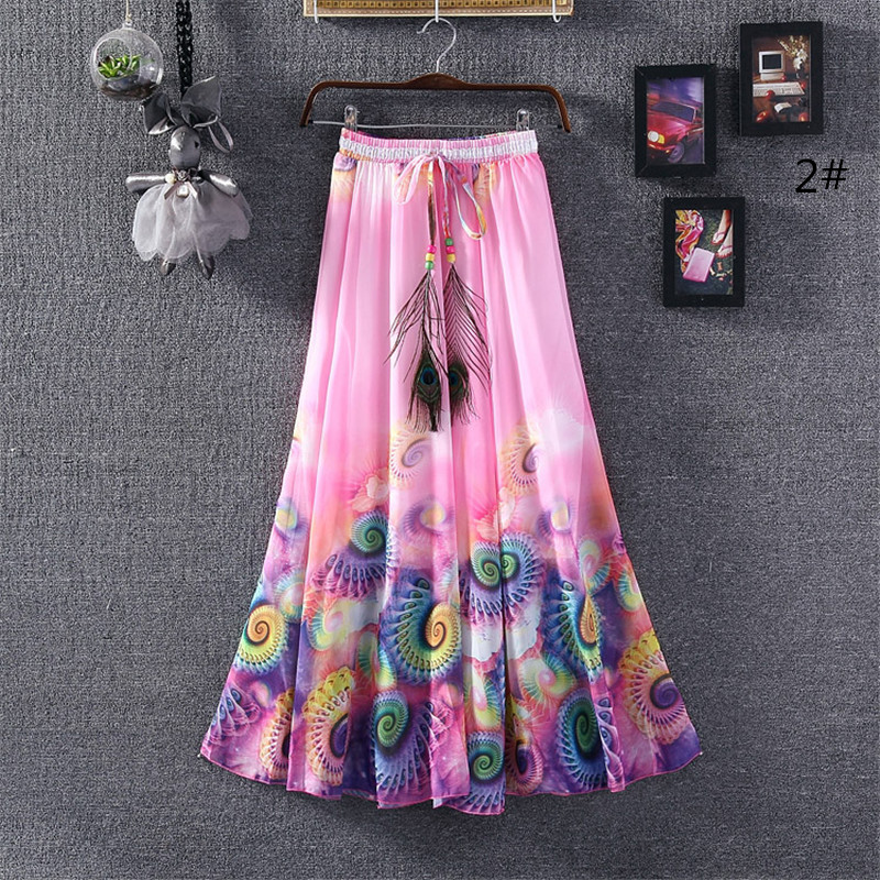 Women Fashion Florals Print Long Skirt Female Boho Chiffon Casual Beach Skirts