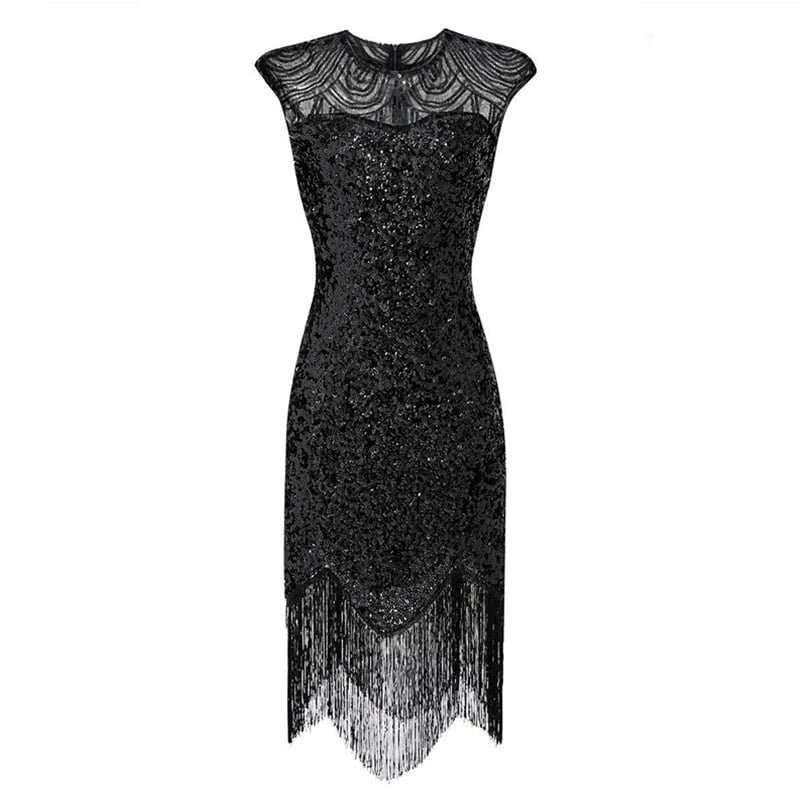 Evening Dress 1920S Vintage Sequined Tassel Dress Fashion Solid Color