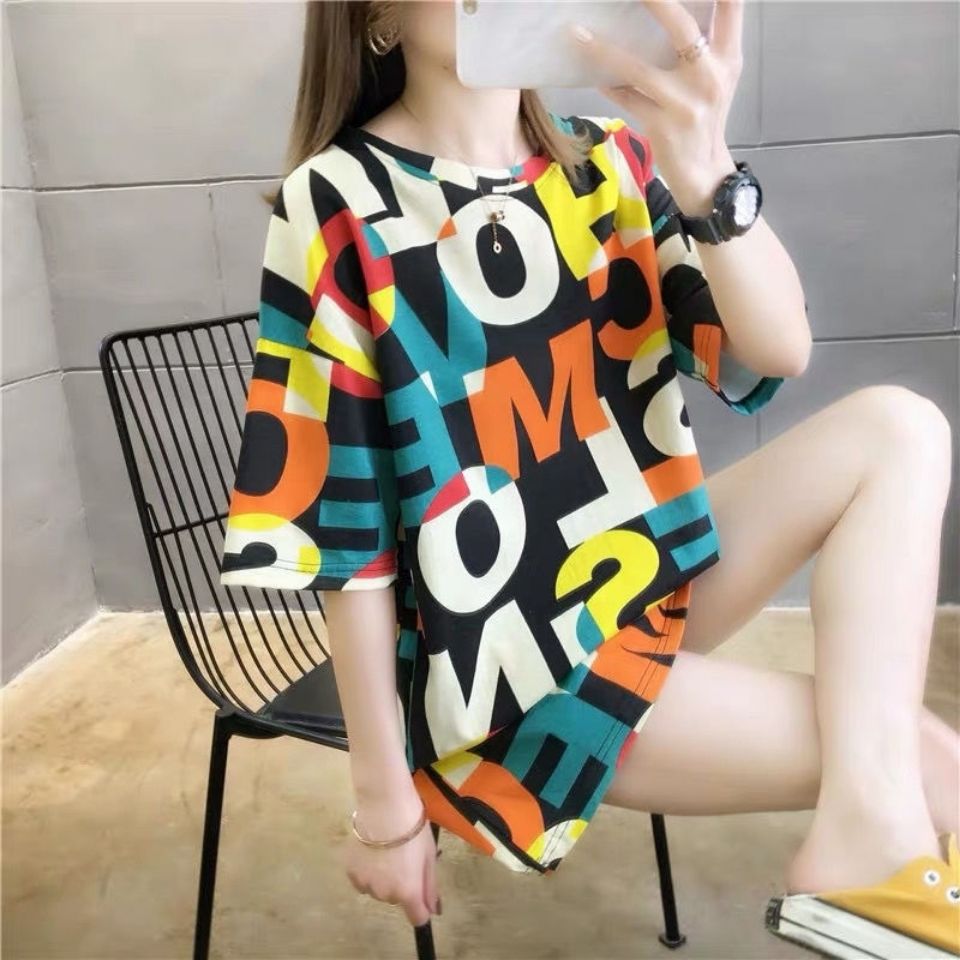 New Summer Women's T-shirt Short sleeve Medium length top Loose plus size