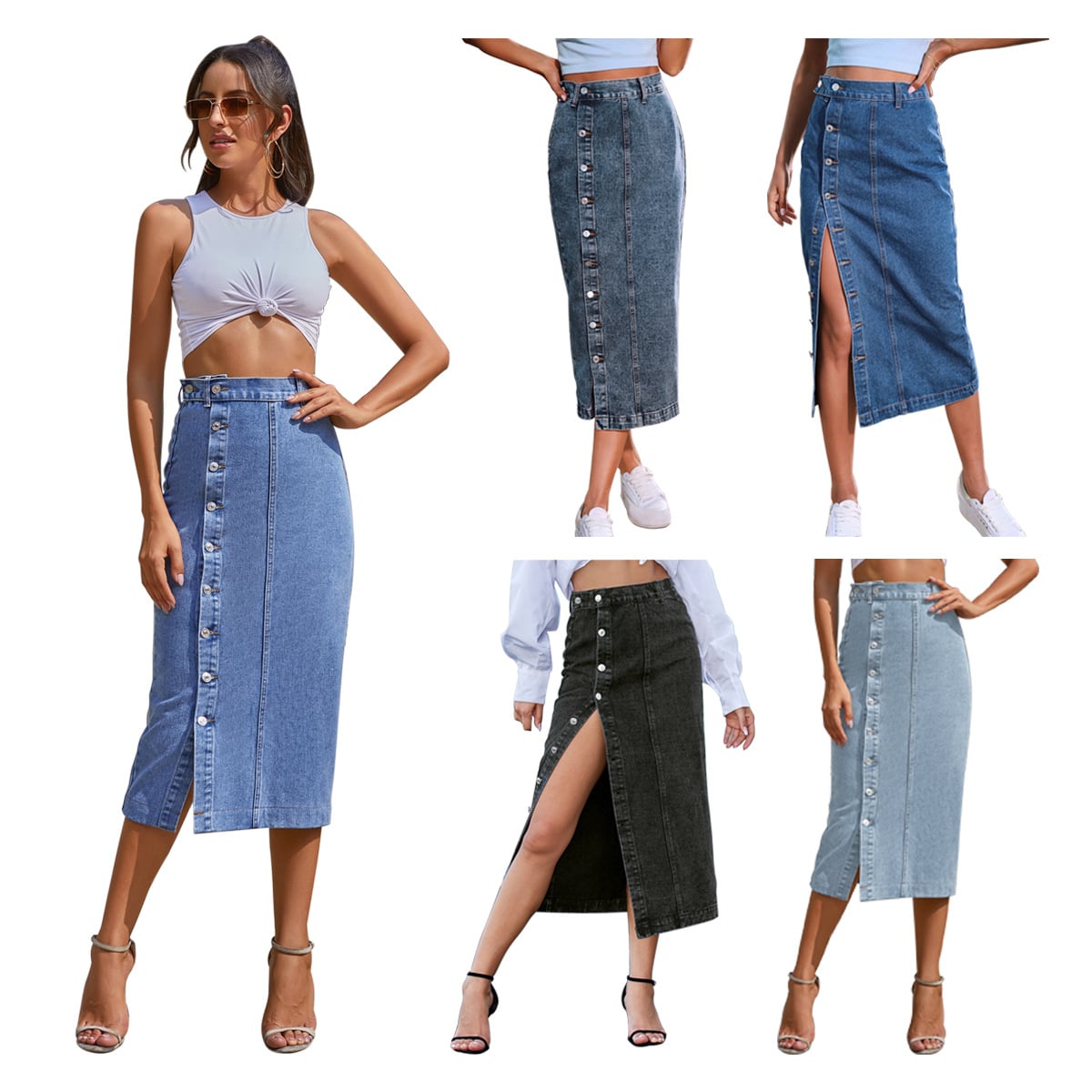 Women's INS button irregular split denim high waisted half length skirt