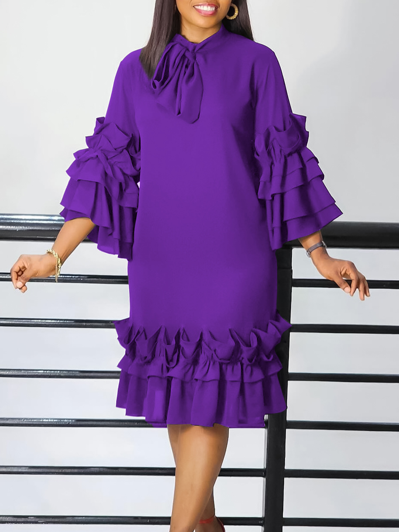 New Fashion and Casual Style Ruffle Edge Women's Dress Flare Sleeves Dress