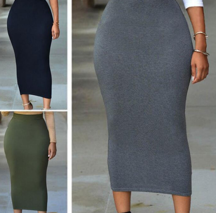 Solid elastic waist bag hip tight skirt mid length