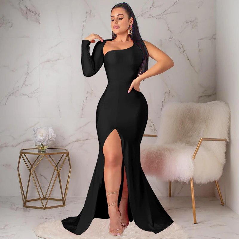Fall Longuette long-sleeved Elastic force single sleeve slim long dress