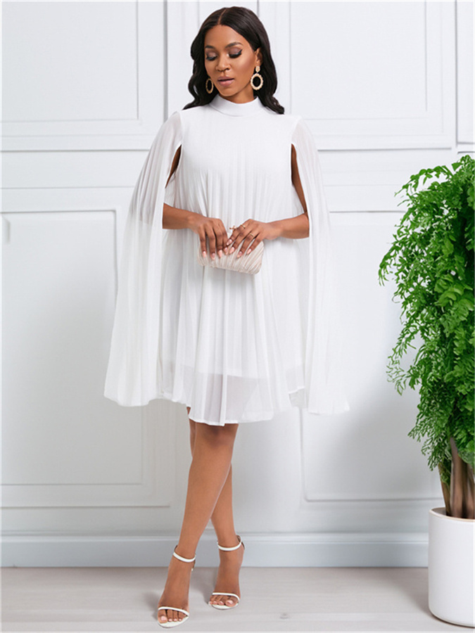 Pleated Dresses for Woman Round Neck Batwing Sleeve Dress