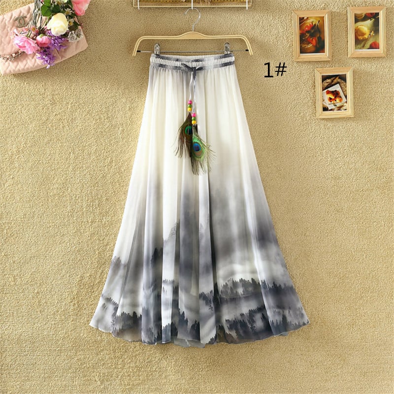 Women Fashion Florals Print Long Skirt Female Boho Chiffon Casual Beach Skirts