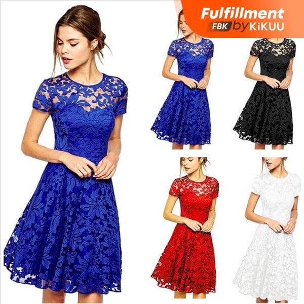 wholesale European and American pop style round collar short sleeved lace dress