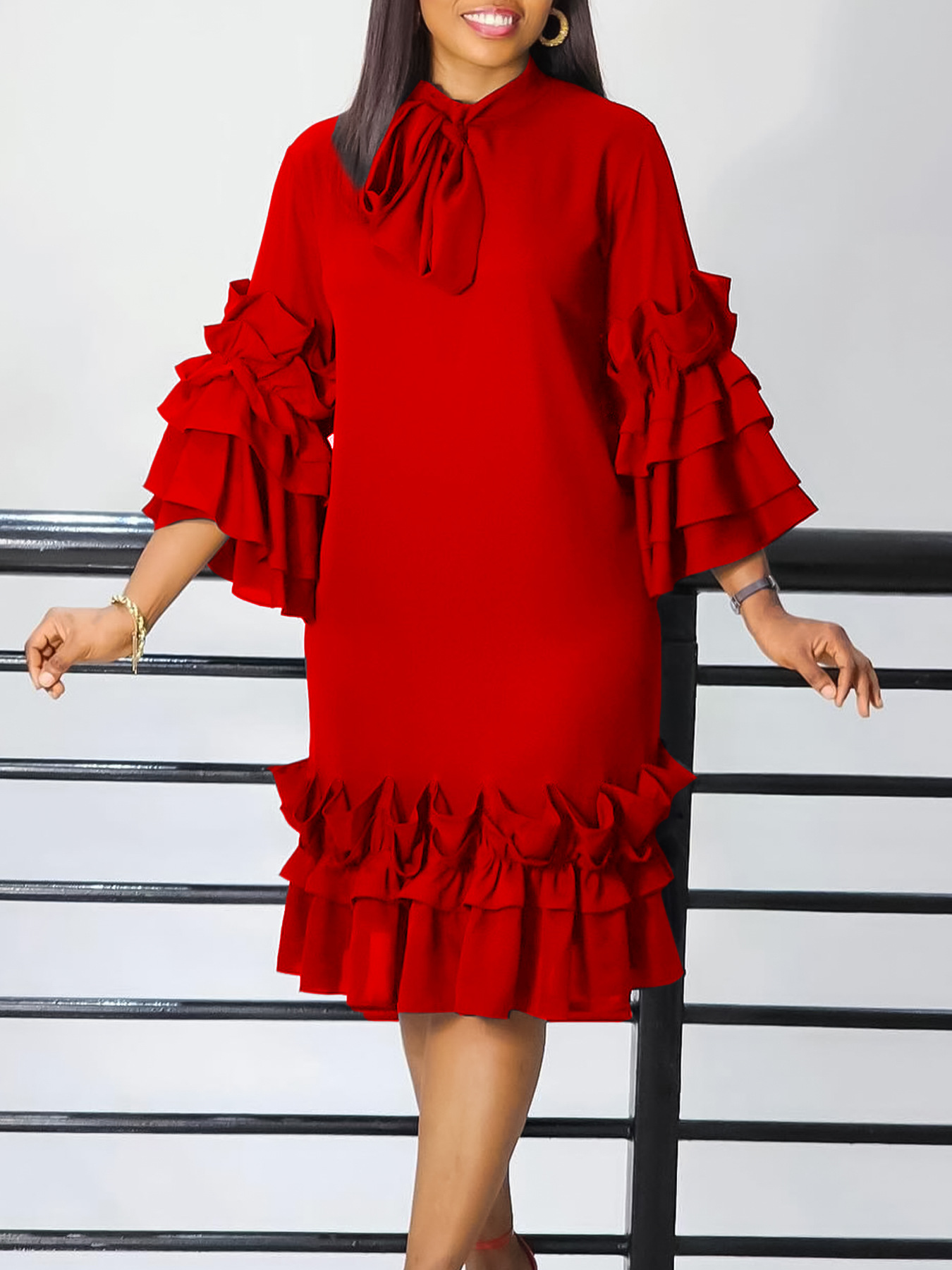 New Fashion and Casual Style Ruffle Edge Women's Dress Flare Sleeves Dress