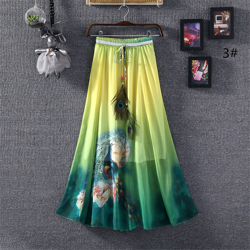 Women Fashion Florals Print Long Skirt Female Boho Chiffon Casual Beach Skirts