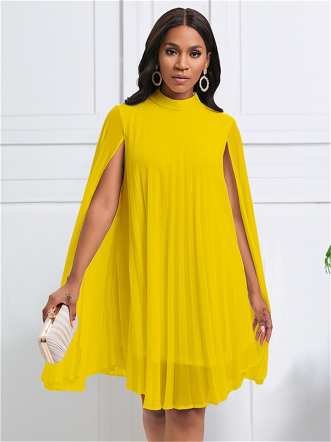 Pleated Dresses for Woman Round Neck Batwing Sleeve Dress