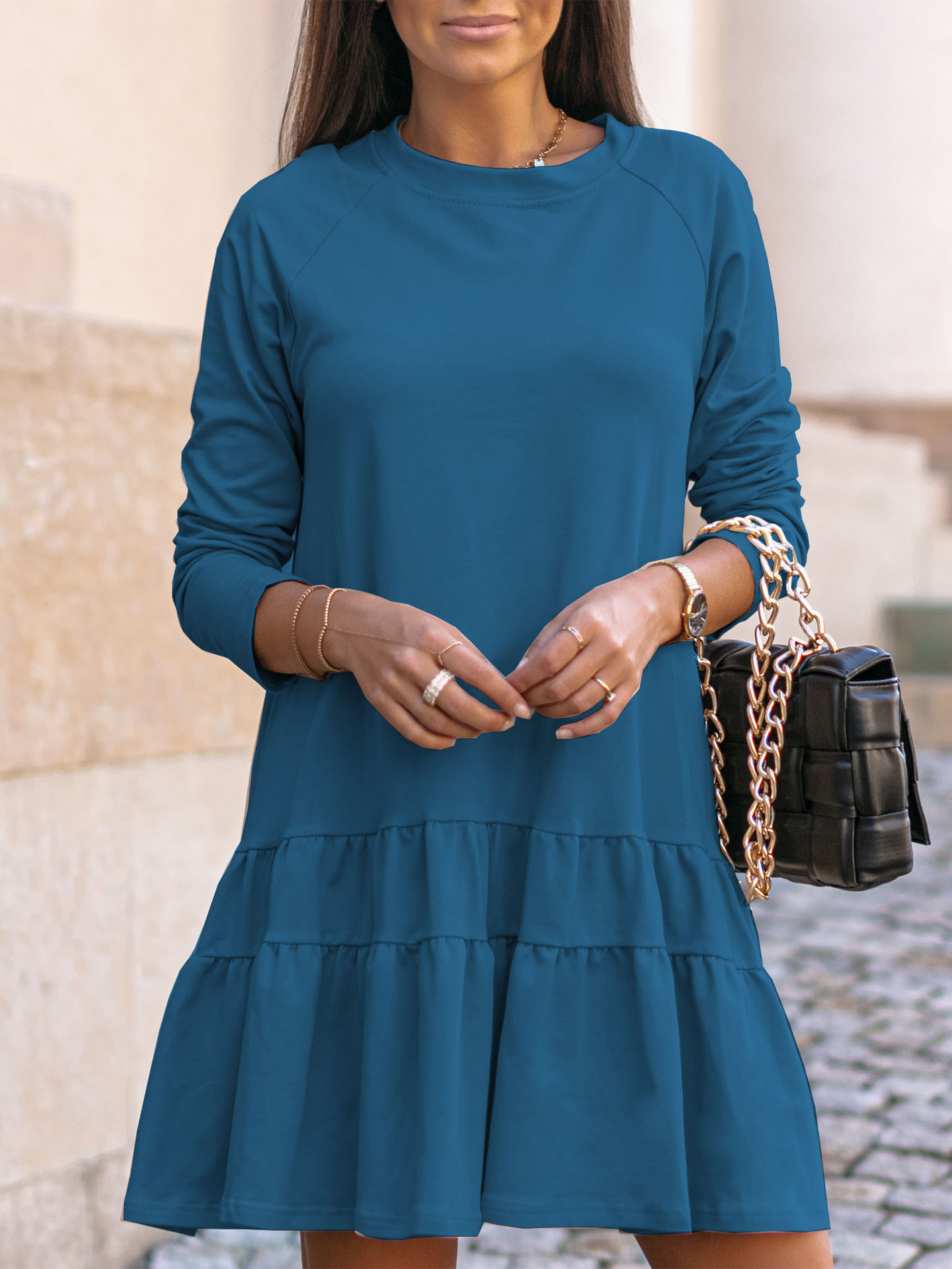 women's long sleeve home loose round neck ruffle dress sweater
