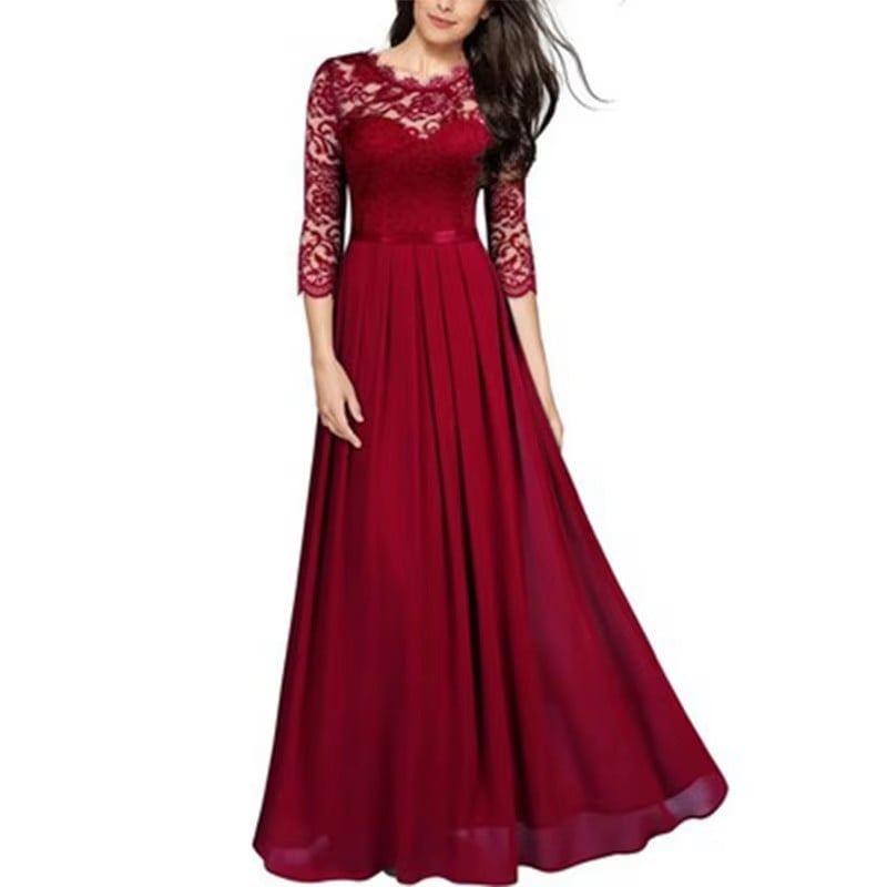 New European and American Long Women's Explosion Style Hollow Lace Chiffon Splicing Elegant Temperament Big Swing Dress