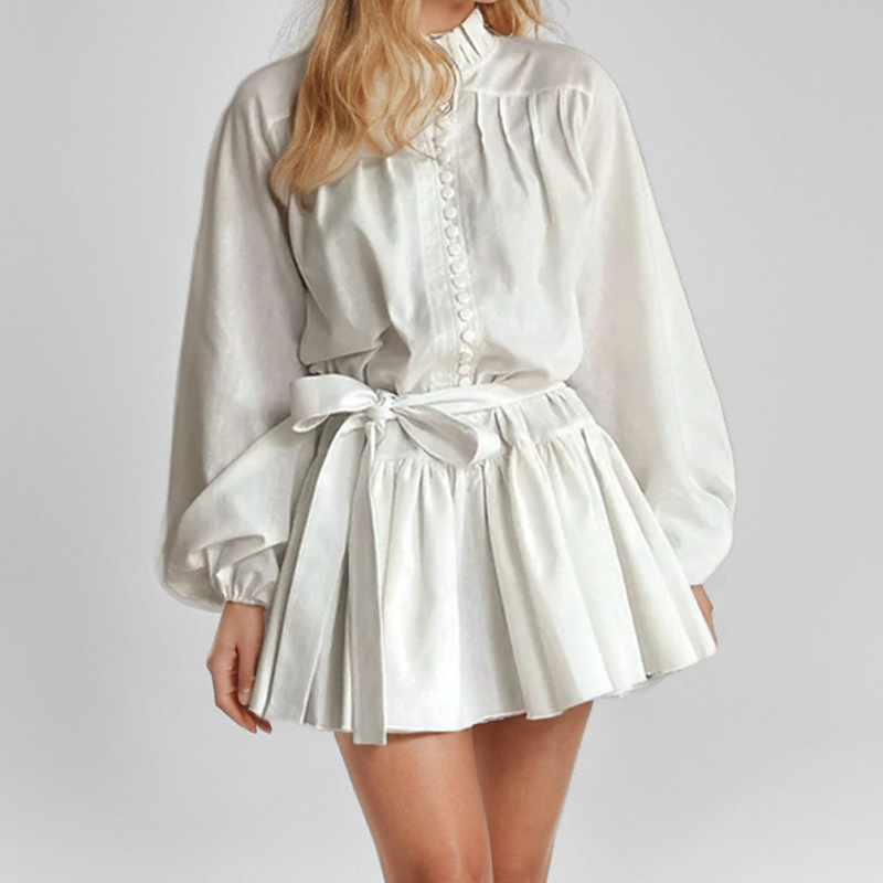 Women's Retro Printed Lace Up Long Sleeved Shirt Dress