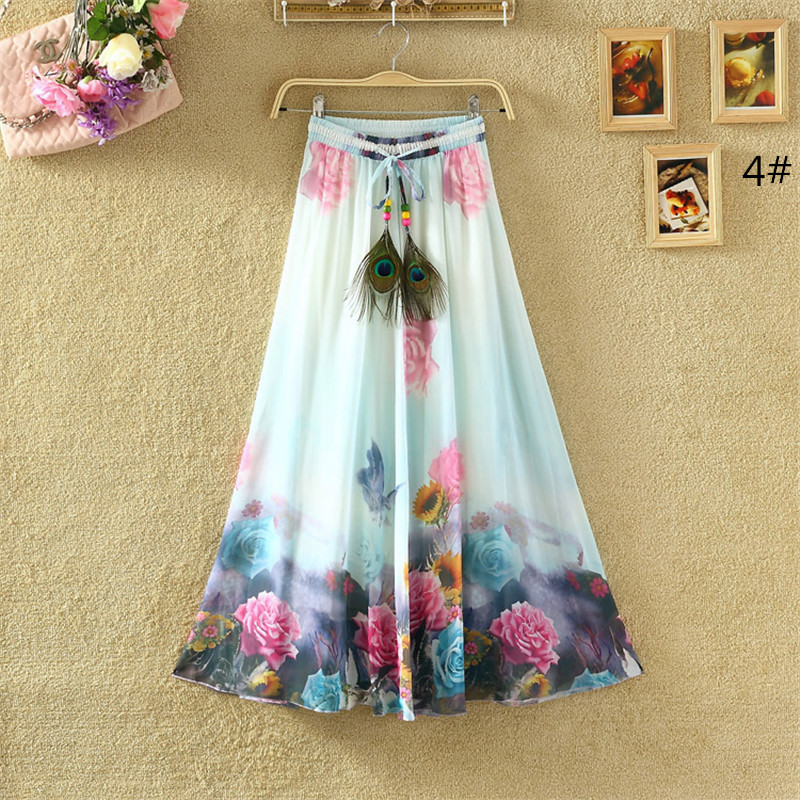 Women Fashion Florals Print Long Skirt Female Boho Chiffon Casual Beach Skirts