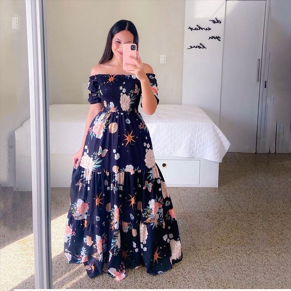 2023 nouvelle robe de belle fille hors de l'épaule déchiquetée mode hors de l'épaule longue robe imprimée