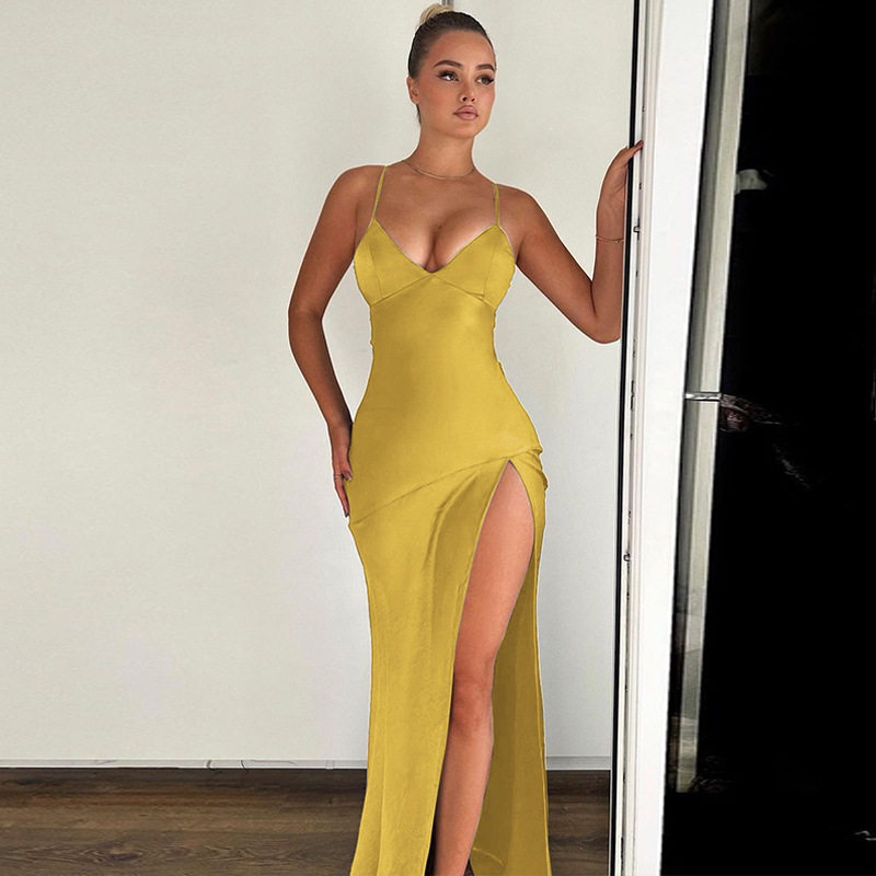 Women's 2024 Spring New Fashion and Sexy V-neck Open Back Lace up Split Dress