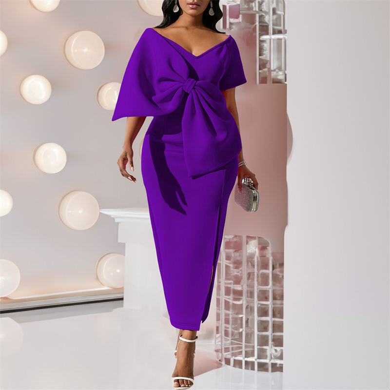 Women V Neck Short Sleeve Big Bow Decorate SheathBirthday Night Dress