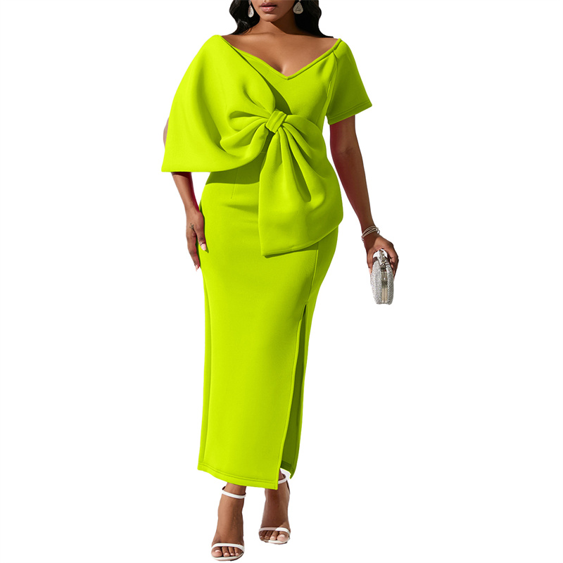 Women V Neck Short Sleeve Big Bow Decorate SheathBirthday Night Dress