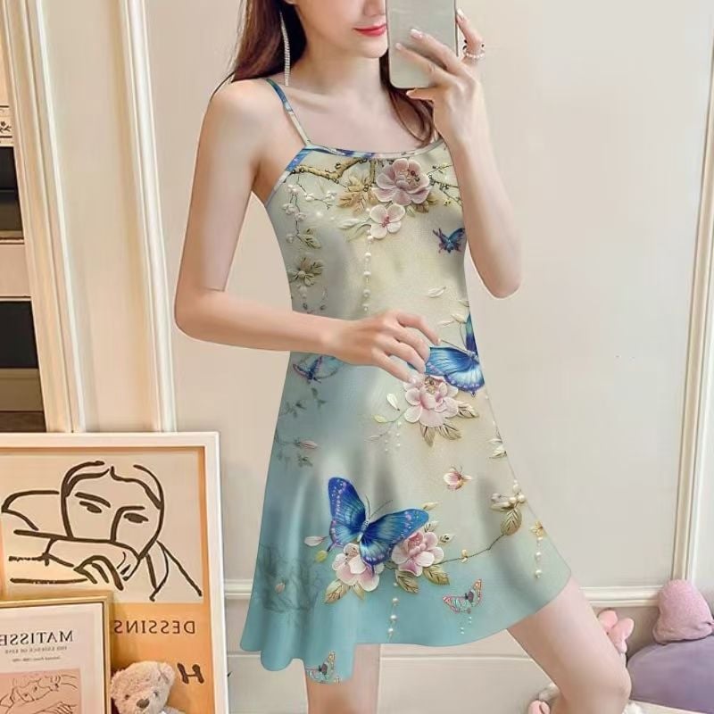 Summer of the New Lady's white Flowers Printed Long Milk Silk Sling Nightdress